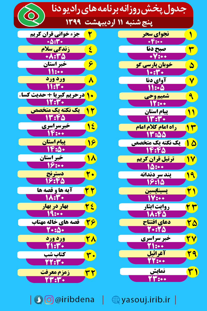 جدول پخش برنامه‌های رادیوی شبکه دنا