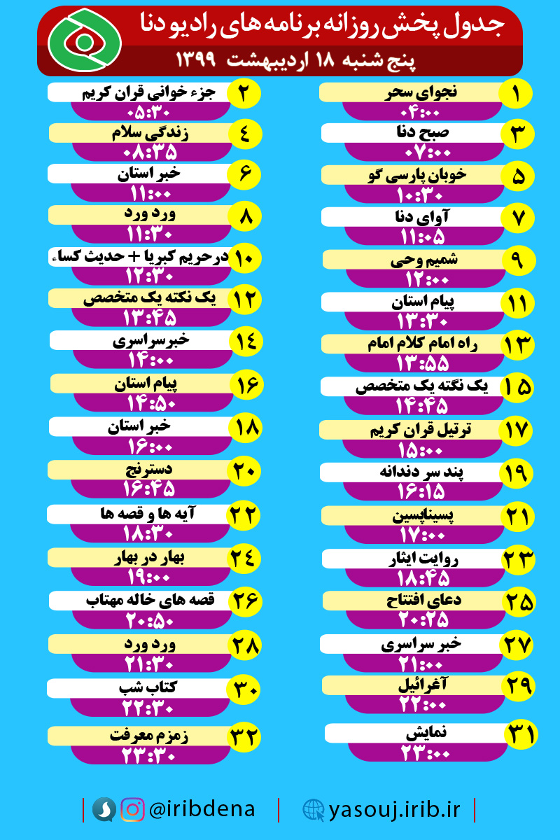 جدول پخش برنامه‌های رادیوی شبکه دنا