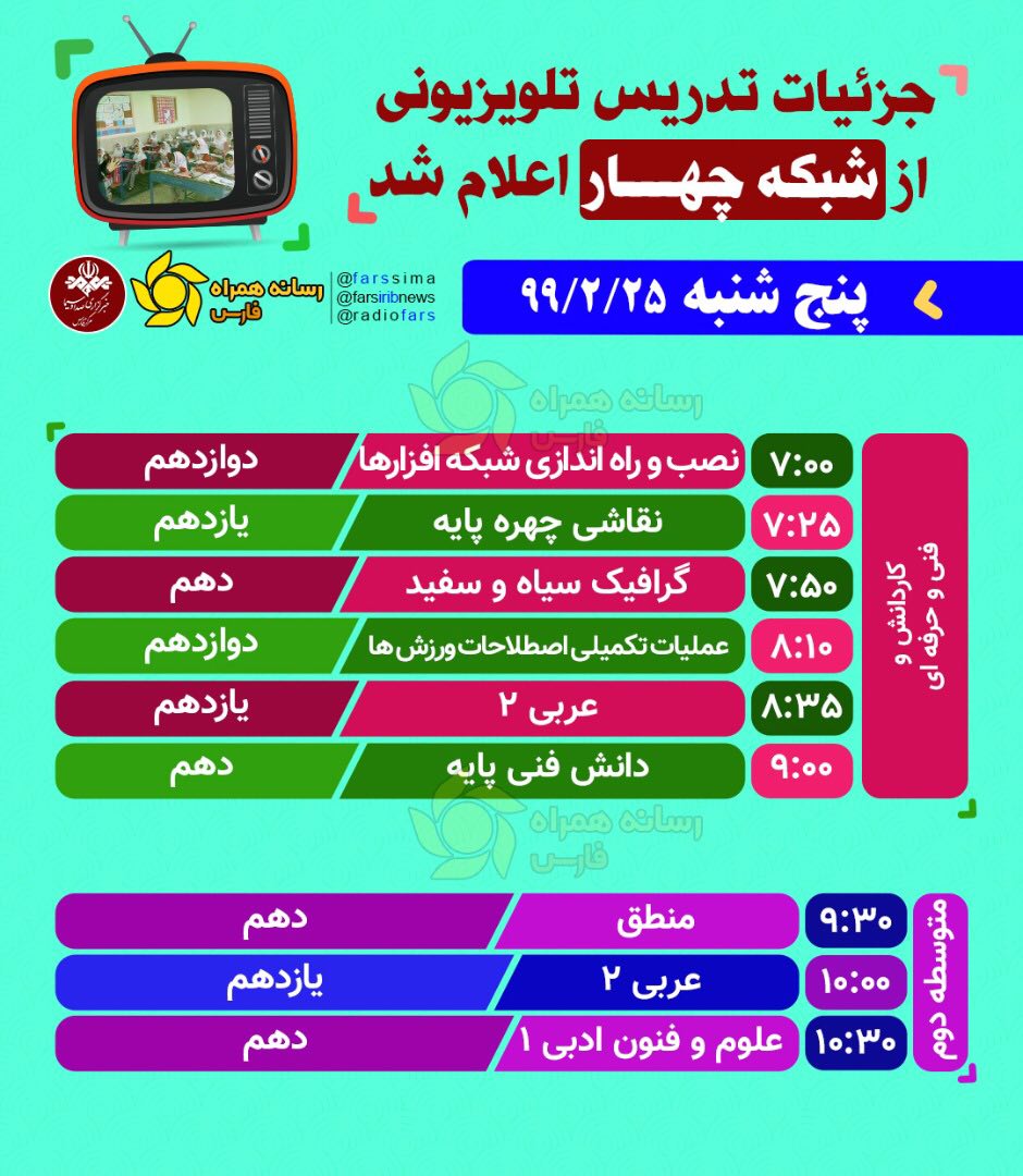 جدول پخش مدرسه تلویزیونی روز پنج شنبه