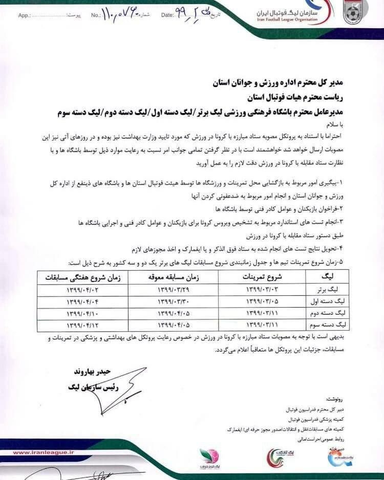 ابلاغ دستورالعمل و زمان بازگشایی تمرینات تیم های فوتبال