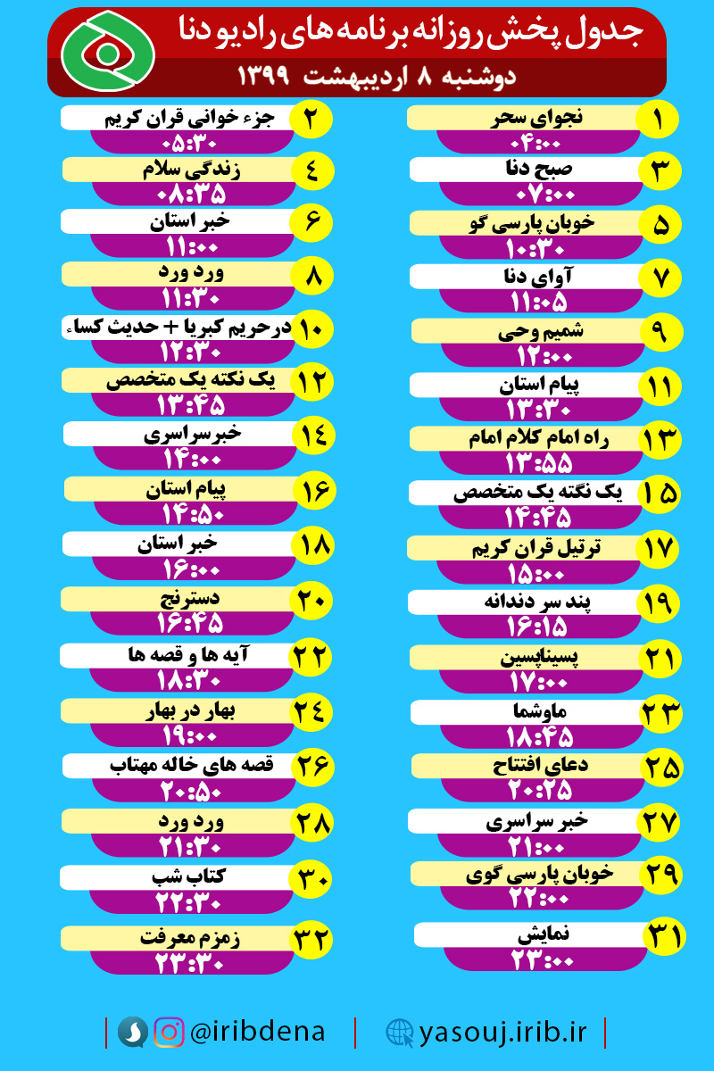 جدول پخش برنامه‌های رادیوی شبکه دنا