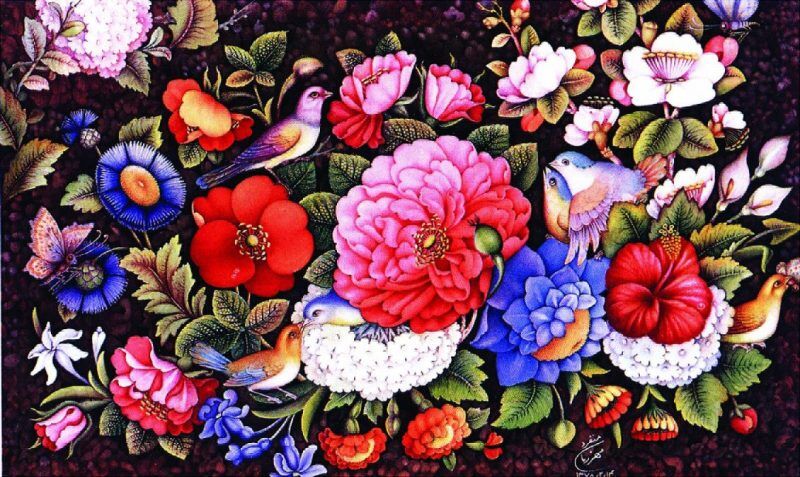 نقاشی رومیزی با الهام از گل و مرغ قاجار