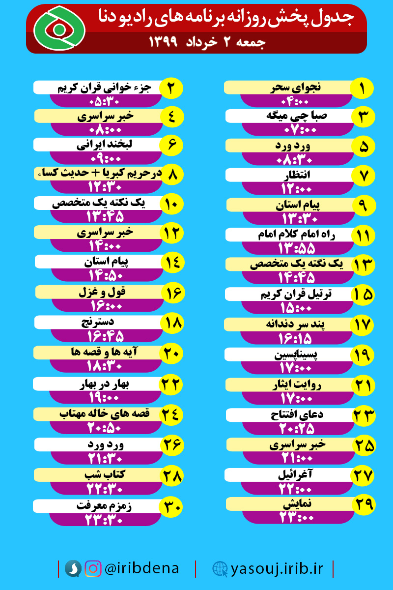 جدول پخش برنامه‌های رادیوی شبکه دنا