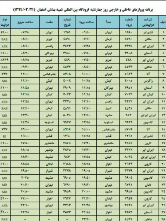 فهرست پروازهای فرودگاه شهید بهشتی