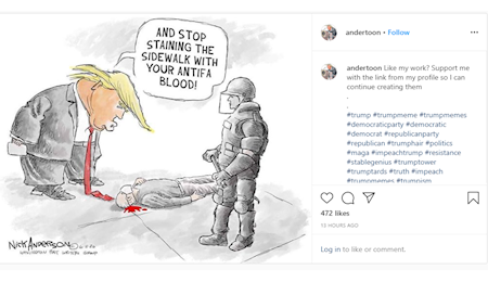 کاریکاتور ترامپ بالای سر پیرمرد معترض آمریکایی