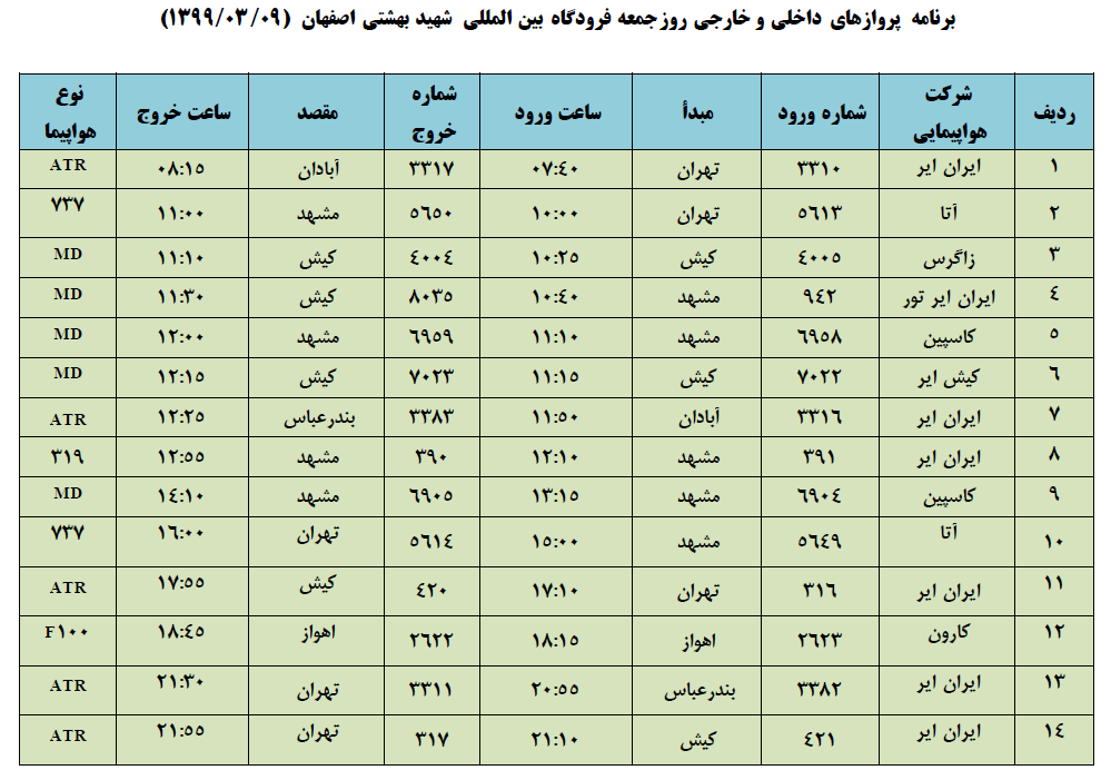 برنامه پروازهای فرودگاه شهید بهشتی اصفهان