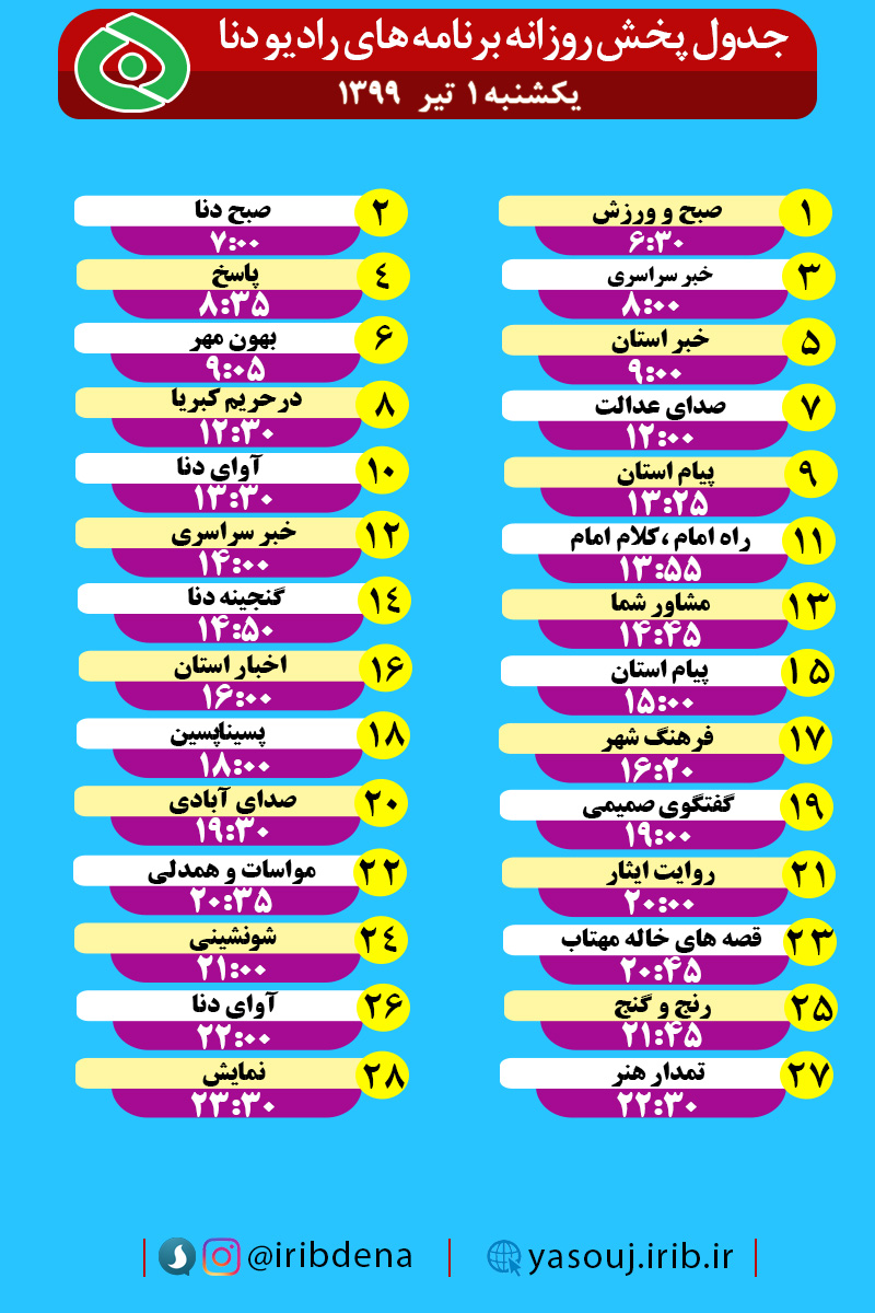 جدول پخش برنامه‌های رادیوی شبکه دنا