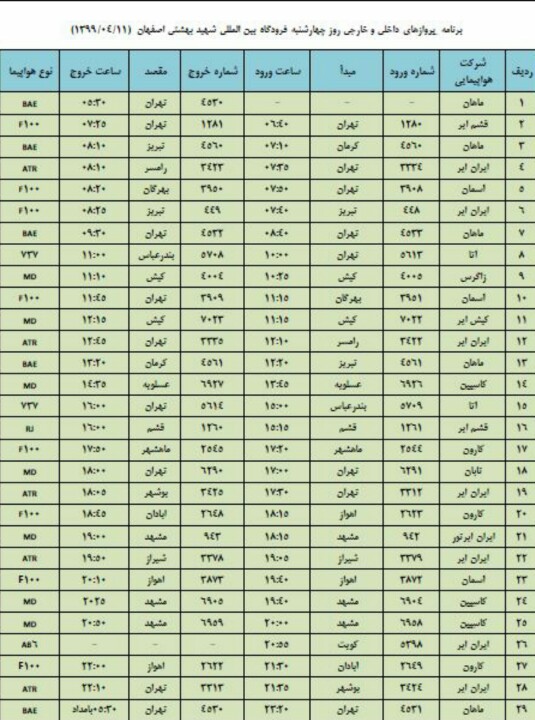 فهرست پروازهای فرودگاه شهید بهشتی اصفهان