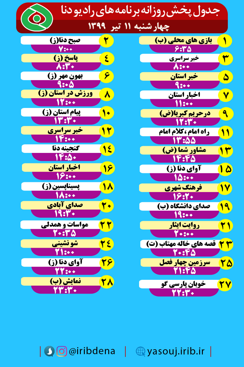 جدول پخش برنامه‌های رادیوی شبکه دنا