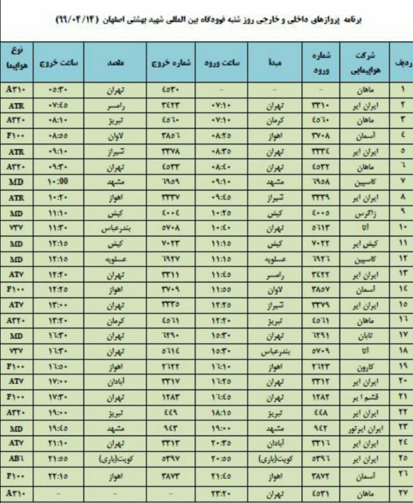 فهرست پروازهای فرودگاه شهید بهشتی اصفهان