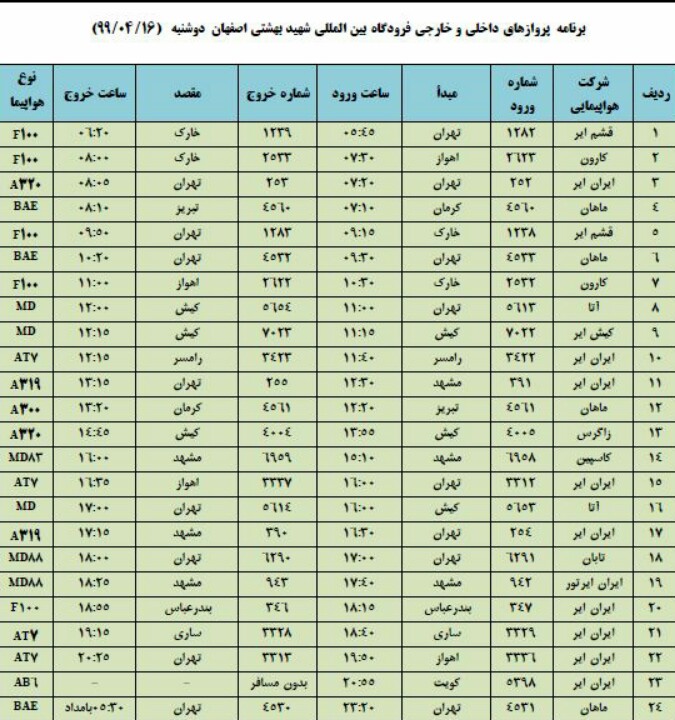 فهرست پروازهای امروز فرودگاه شهید بهشتی