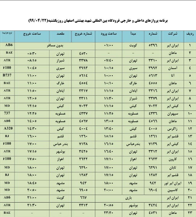 فهرست پروازهای فرودگاه شهید بهشتی اصفهان