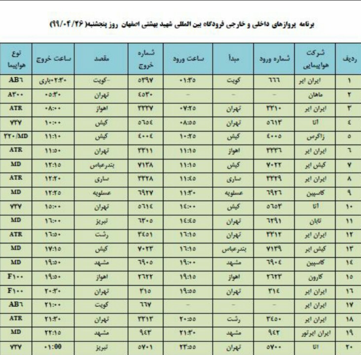 فهرست پروازهای فرودگاه شهید بهشتی اصفهان