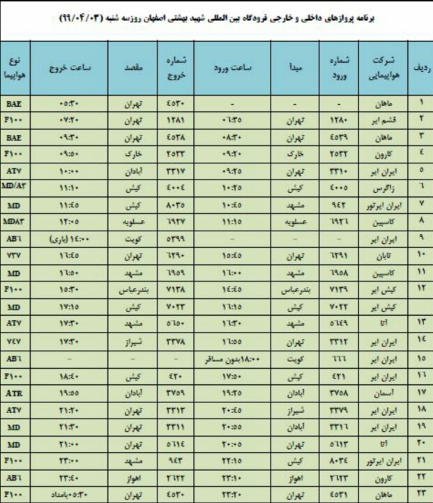 فهرست پروازهای فرودگاه شهید بهشتی اصفهان