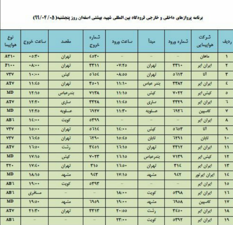 فهرست پروازهای فرودگاه بین المللی شهید بهشتی اصفهان