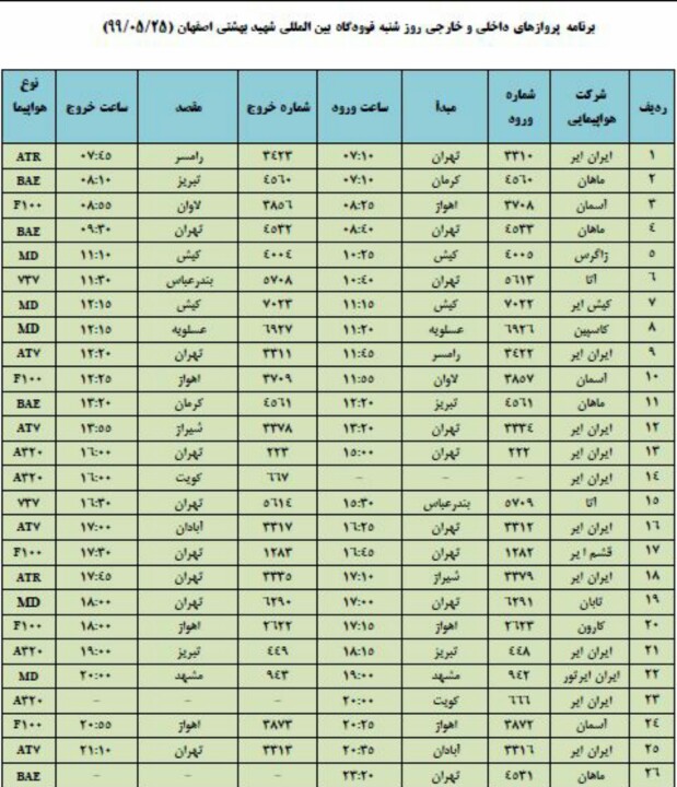 فهرست پروازهای فرودگاه شهید بهشتی اصفهان