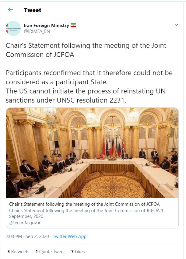 توئیتر وزارت خارجه ایران: بیانیه ریاست پس از نشست کمیسیون مشترک برجام