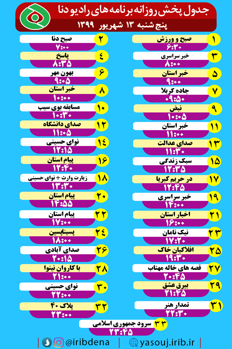 جدول پخش برنامه‌های رادیوی شبکه دنا