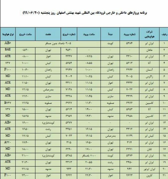 فهرست پروازهای فرودگاه اصفهان