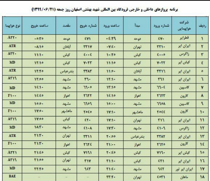 فهرت پروازهای فرودگاه اصفهان در آخرین روز هفته