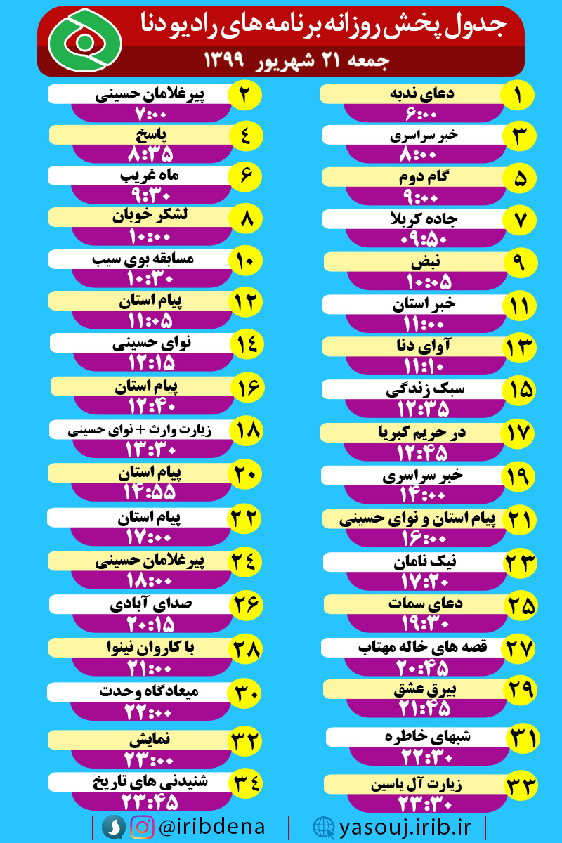 جدول پخش برنامه‌های رادیوی شبکه دنا