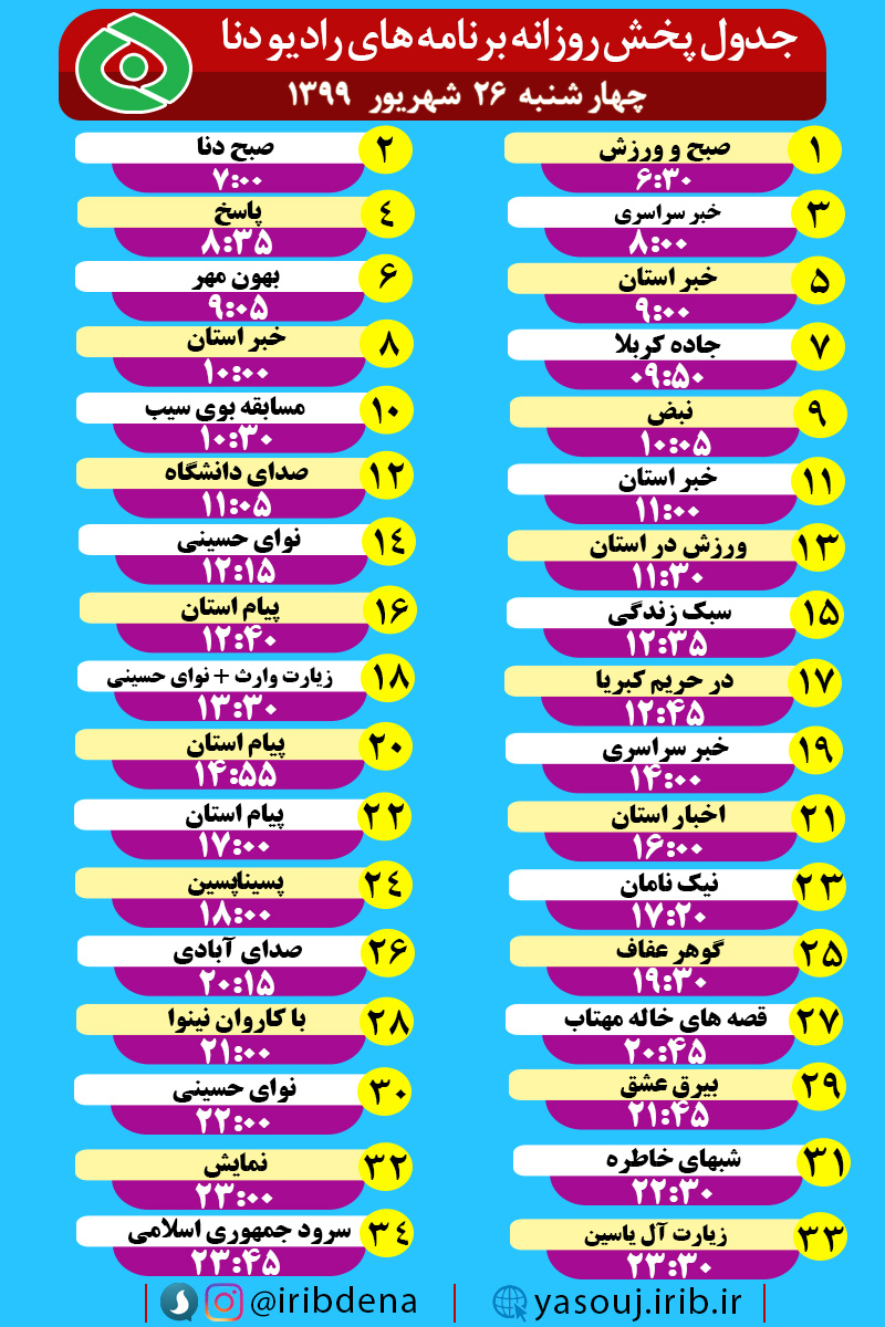 جدول پخش برنامه‌های رادیوی شبکه دنا