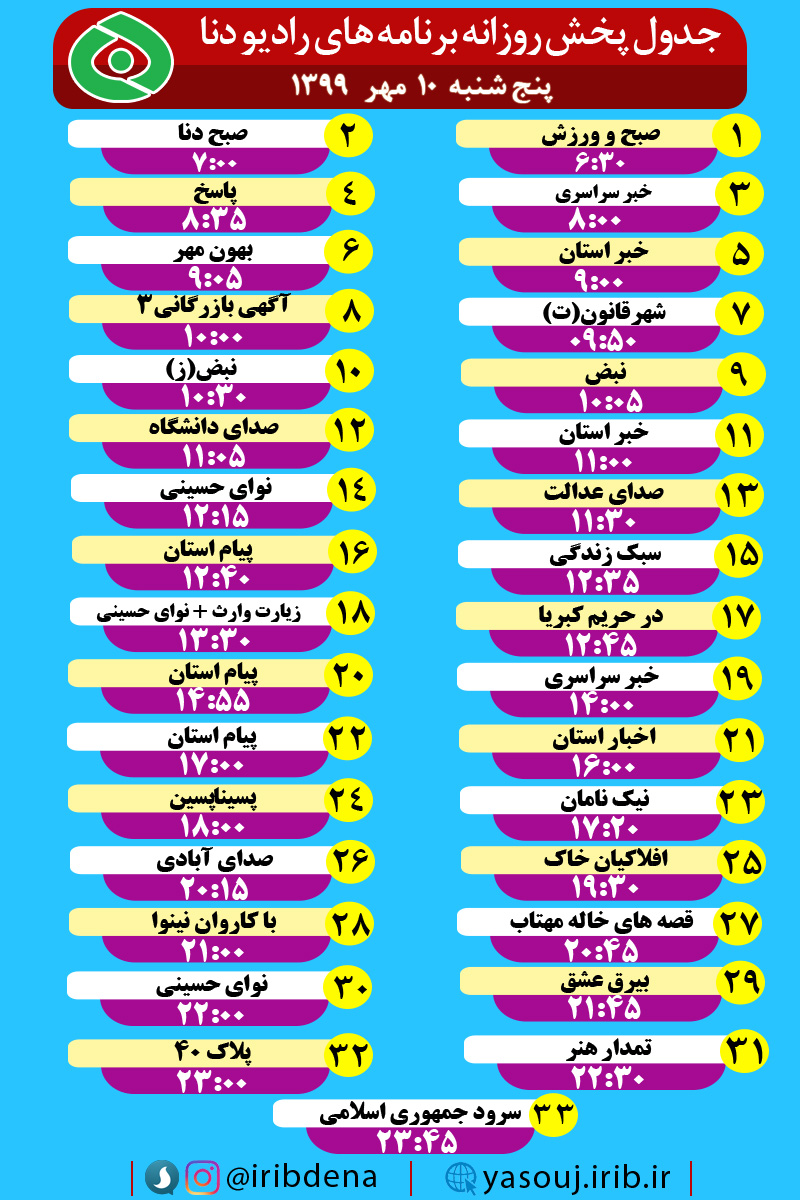 جدول پخش برنامه‌های رادیوی شبکه دنا