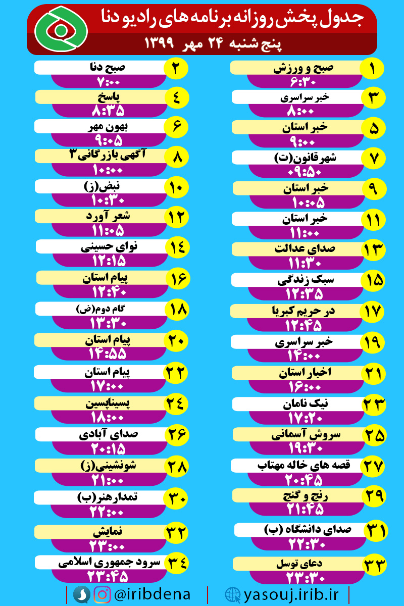 جدول پخش برنامه‌های رادیوی شبکه دنا