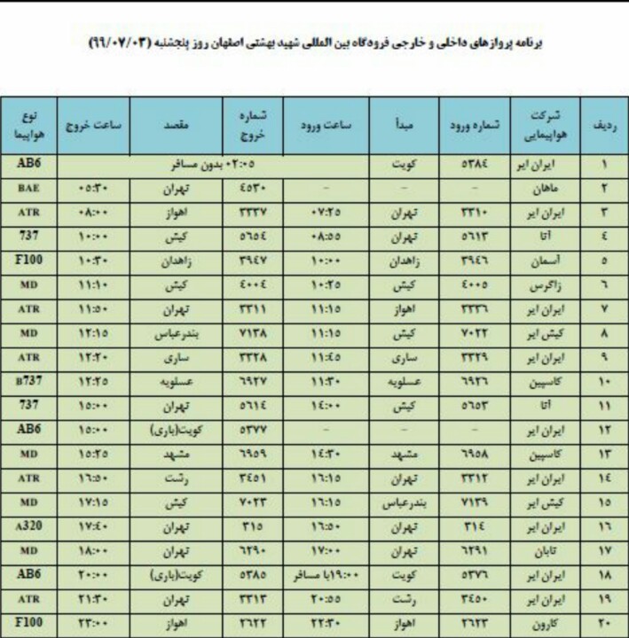 فهرست پروازهای فرودگاه بین المللی شهید بهشتی اصفهان