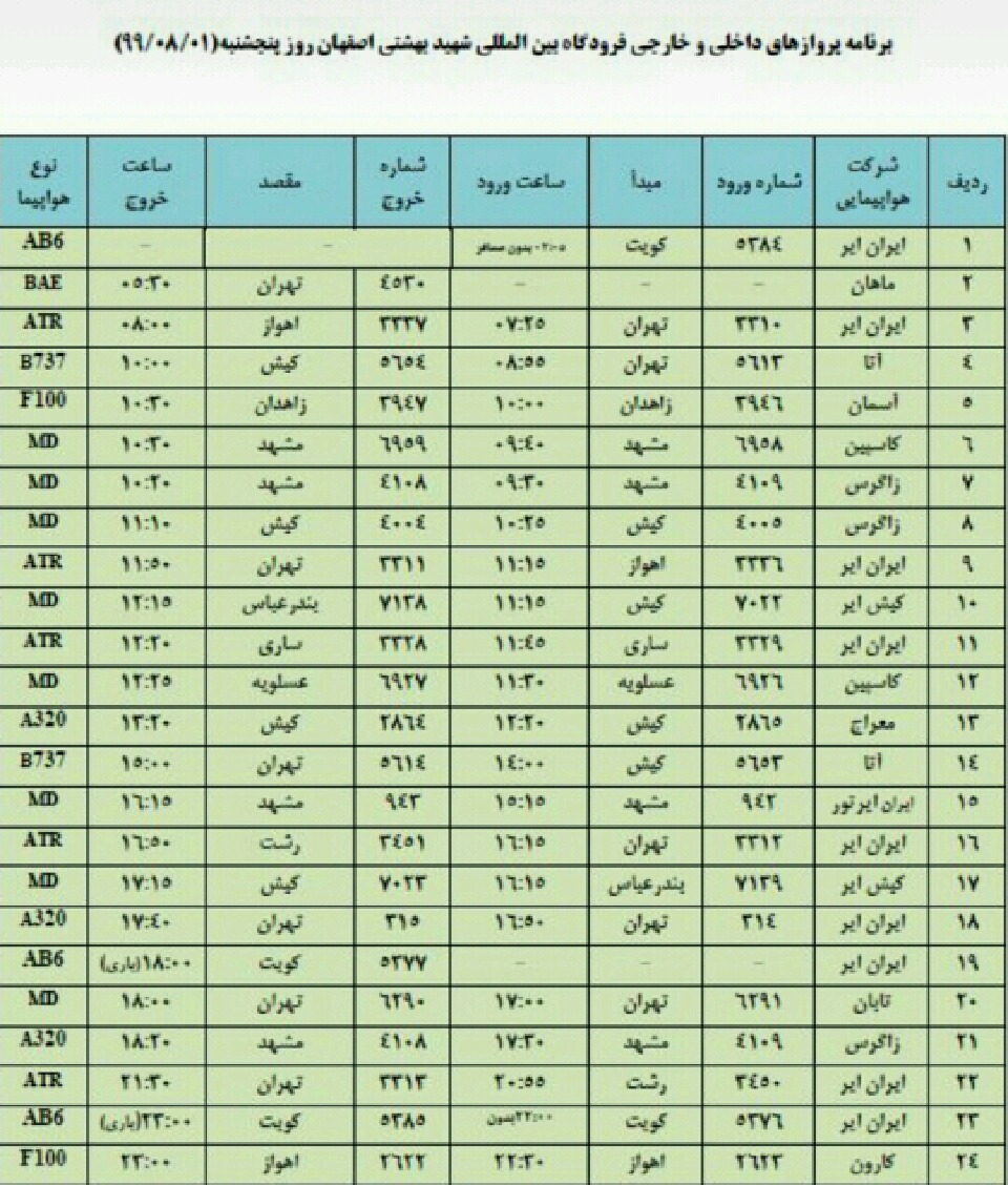 فهرست پروازهای فرودگاه شهید بهشتی اصفهان