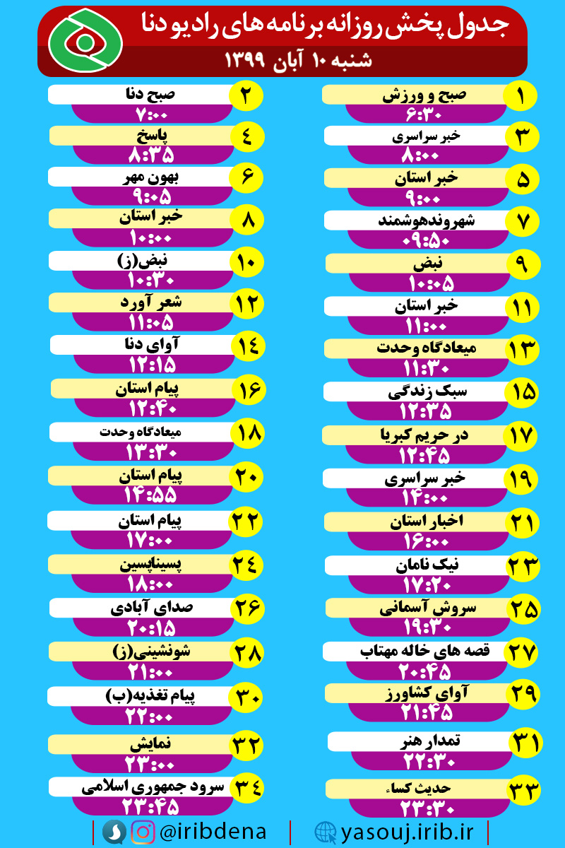 جدول پخش برنامه‌های رادیوی شبکه دنا