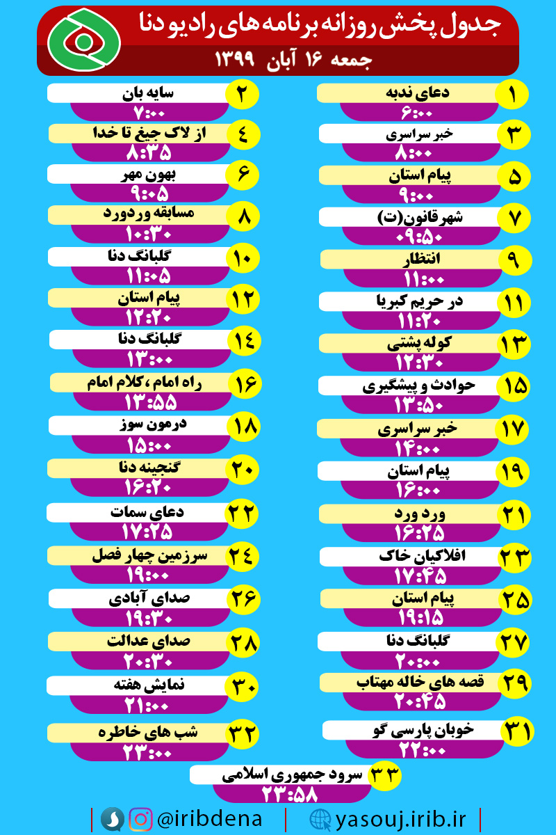 جدول پخش برنامه‌های رادیوی شبکه دنا