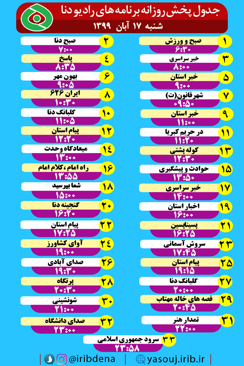 جدول پخش برنامه‌های رادیوی شبکه دنا