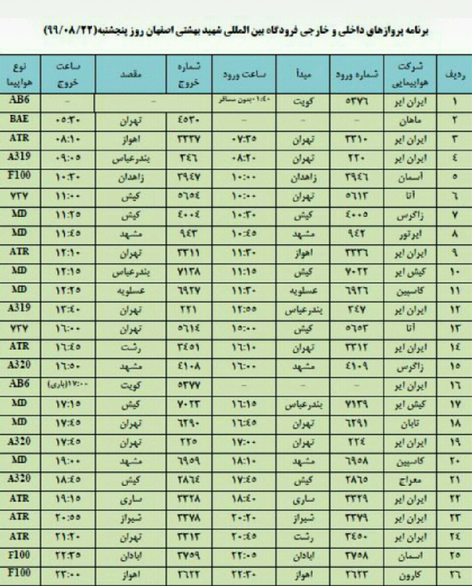 فهرست پروازهای فرودگاه شهید بهشتی اصفهان