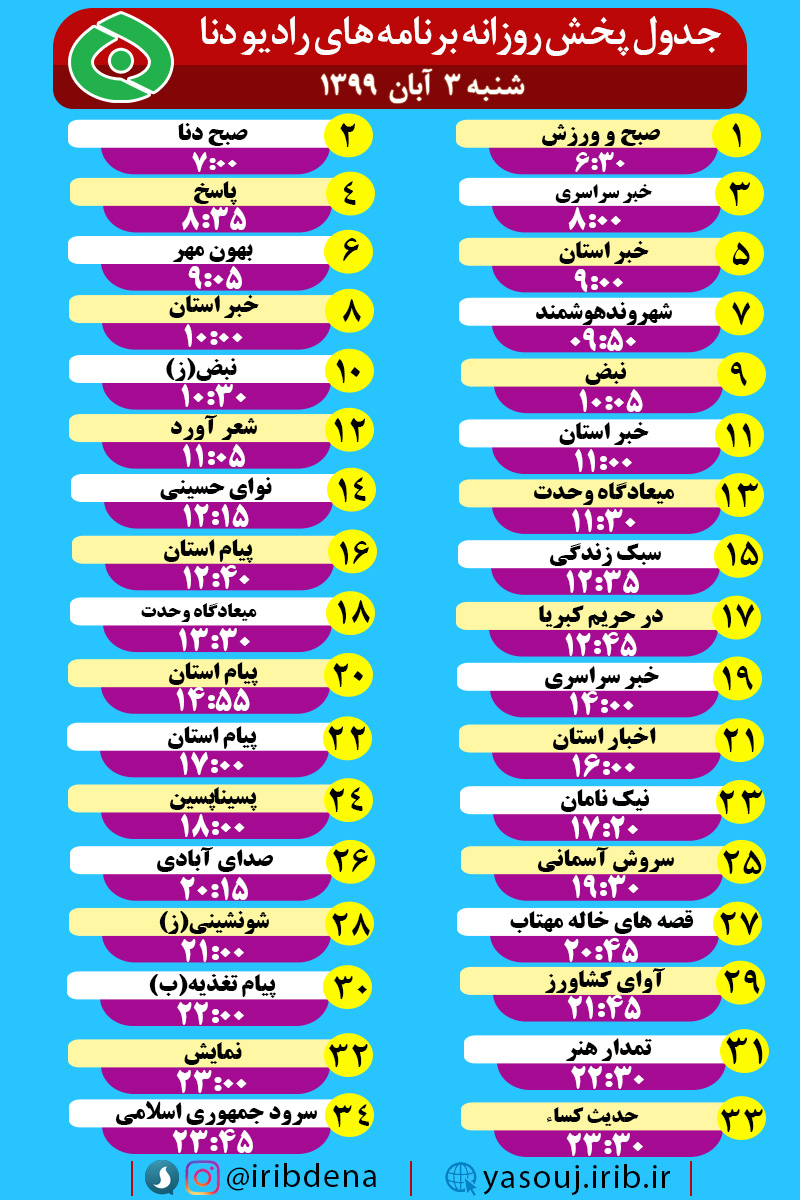 جدول پخش برنامه‌های رادیوی شبکه دنا