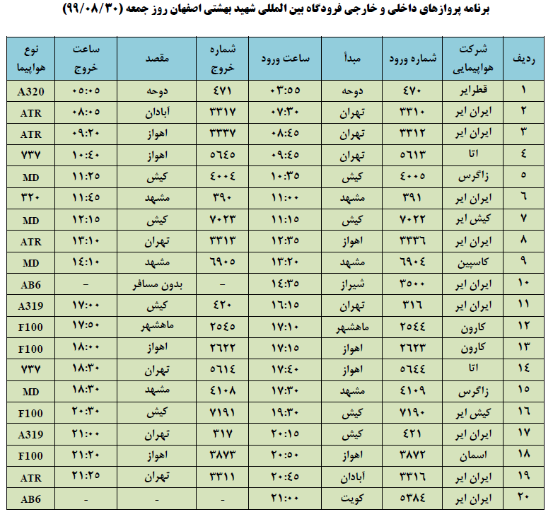 برنامه پروازهای فرودگاه شهید بهشتی