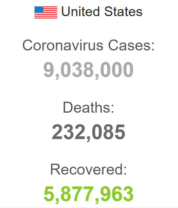شمار مبتلایان کرونا در آمریکا؛ ۹ میلیون و ۳۸ هزار نفر