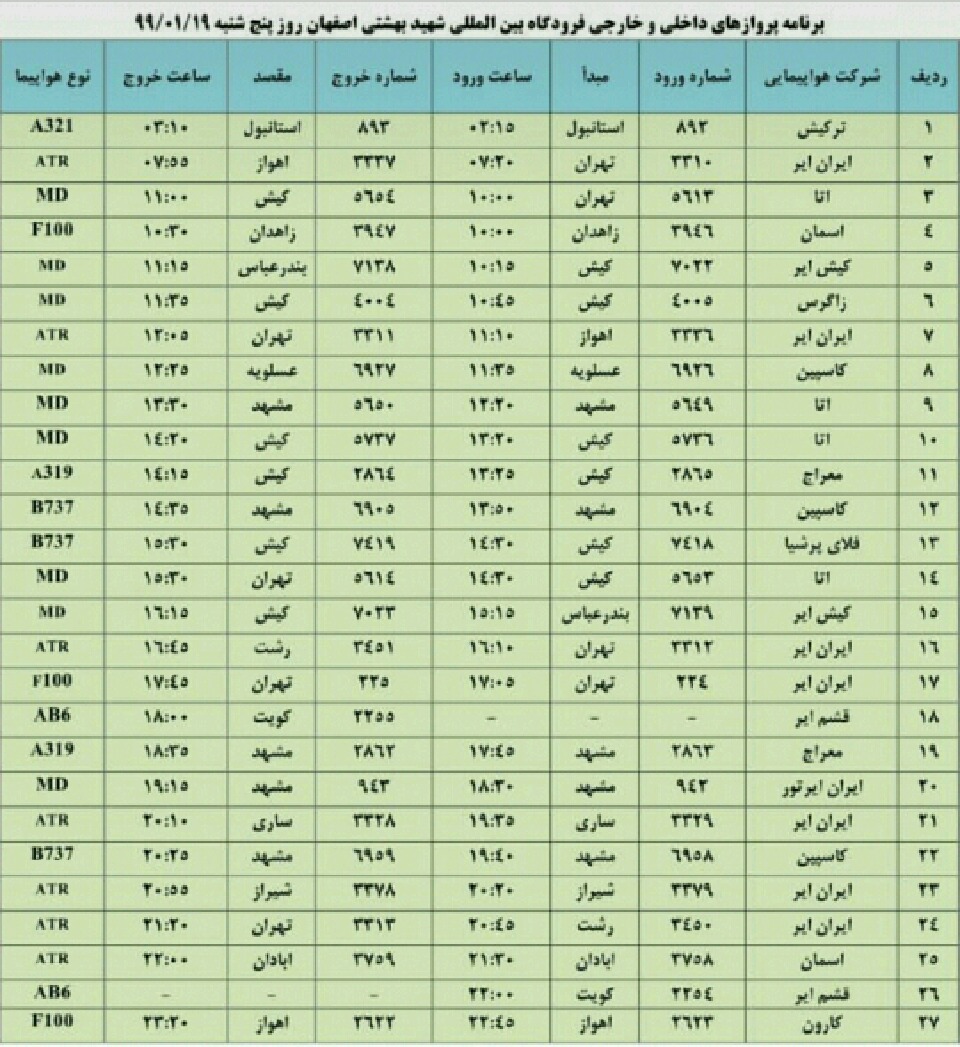 فهرست پروازهای فرودگاه اصفهان در روز پنجشنبه 19 فروردین