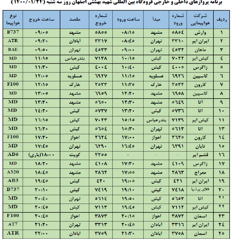 برنامه پروازهای فرودگاه شهید بهشتی اصفهان