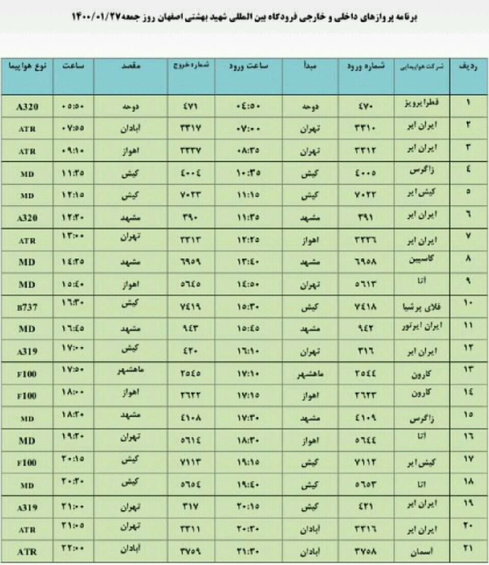 برنامه امروز پرواز‌های فرودگاه اصفهان