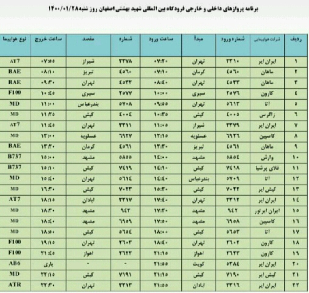 فهرست پروازهای فرودگاه اصفهان ، شنبه بیست و هشتم فروردین