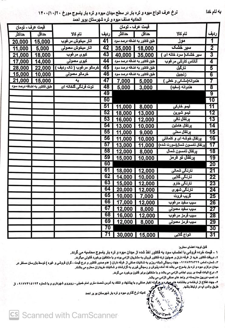 قیمت به روز محصولات میدان میوه و تره بار یاسوج