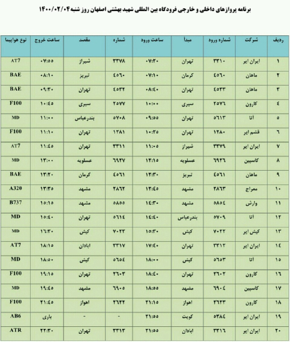 فهرست پروازهای فرودگاه اصفهان در روز شنبه چهارم اردیبهشت