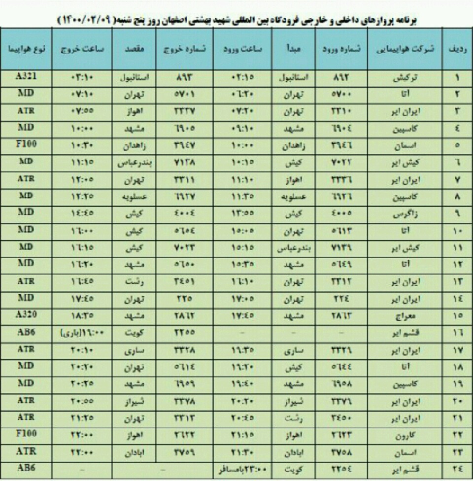 فهرست پروازهای فرودگاه اصفهان در روز پنج شنبه نهم اردیبهشت