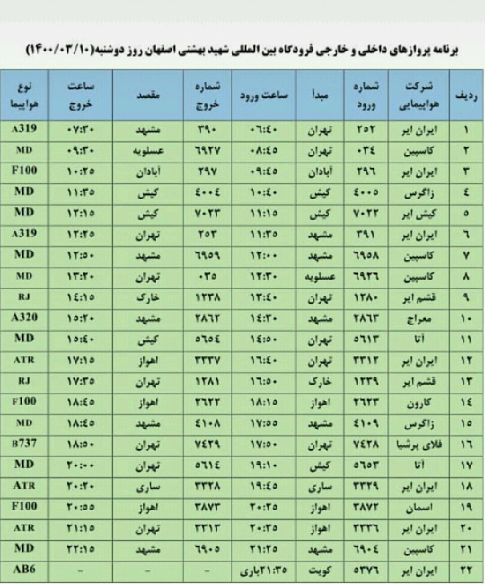 فهرست پروازهای دوشنبه دهم خرداد 1400  فرودگاه اصفهان