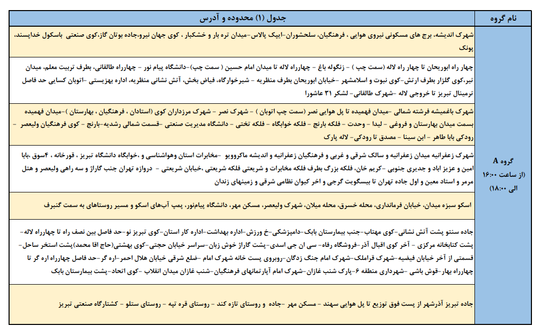 برنامه خاموشی‌های احتمالی امروز در تبریز، اسکو و آذرشهر