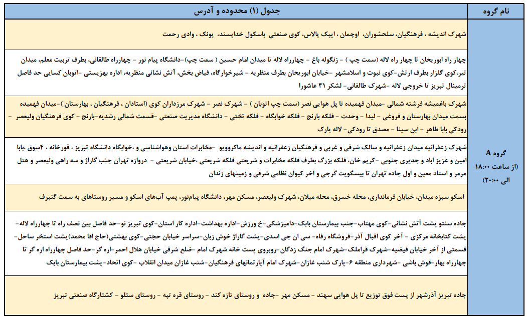 اعلام برنامه خاموشی‌های تبریز، آذرشهر و اسکو