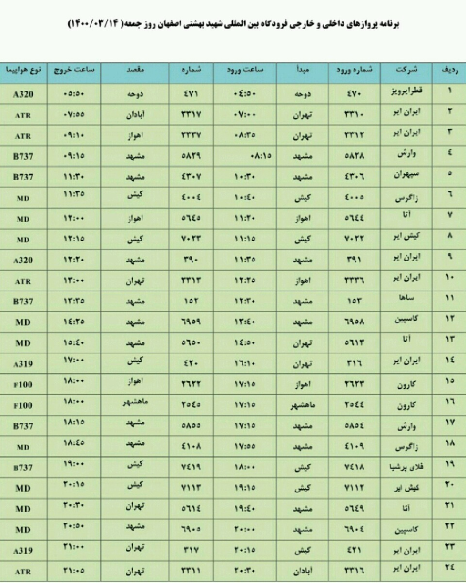 فهرست پرواز‌های روز جمعه ۱۴ خرداد ۱۴۰۰