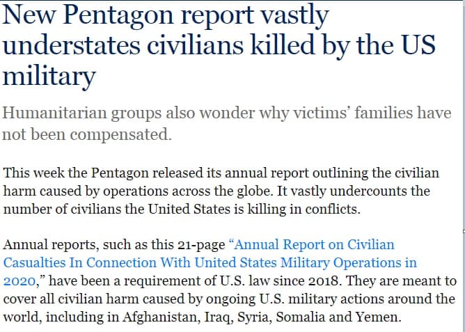 دروغگویی پنتاگون درباره تلفات غیرنظامیان براثر اقدامات ارتش آمریکا