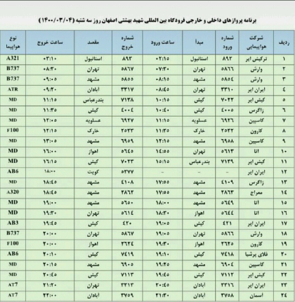 فهرست پروازهای روز سه شنبه چهارم خرداد 1400